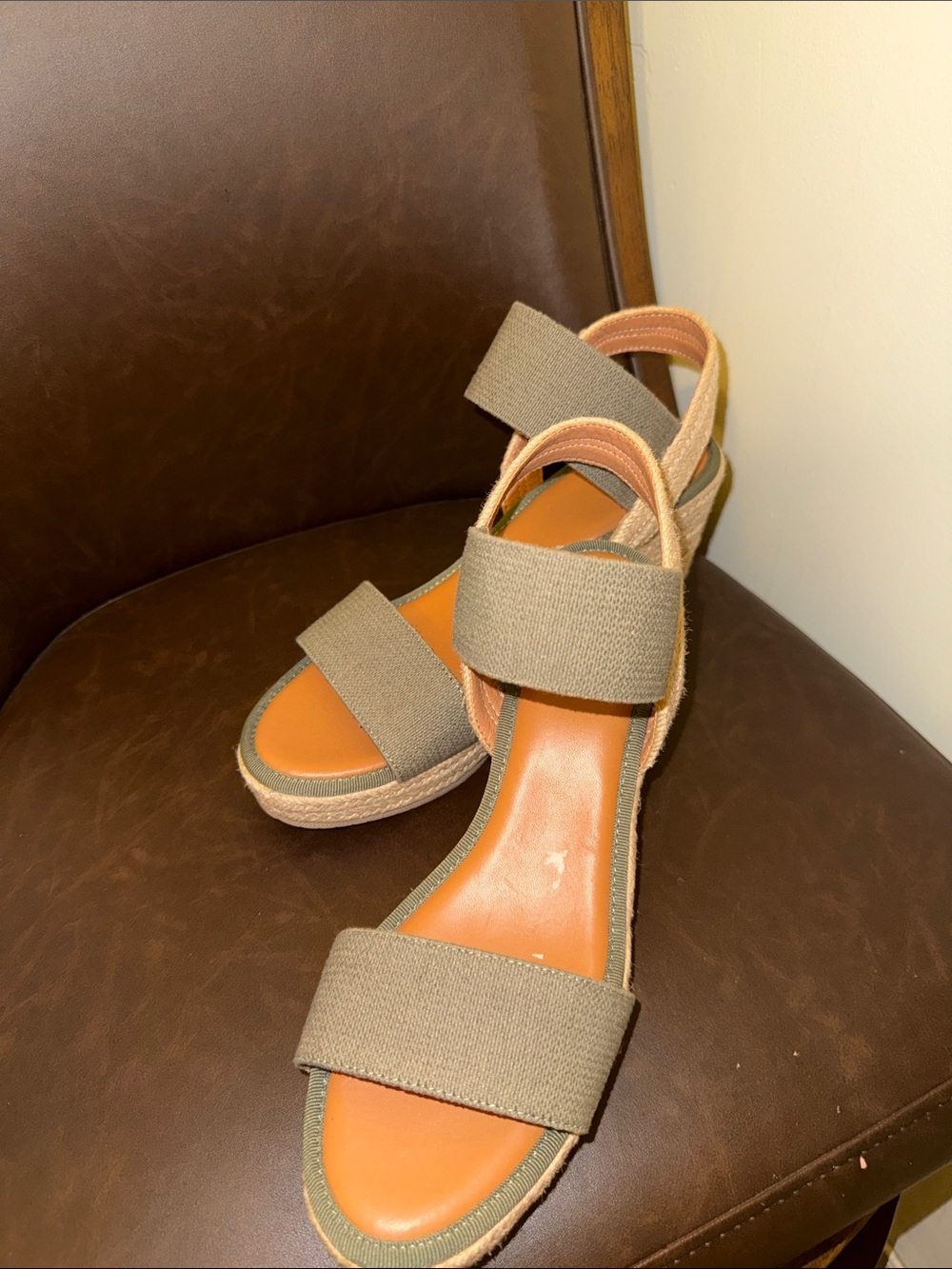 MIA Olive Green Elastic Strap Wedge Sandals with Tan Footbed